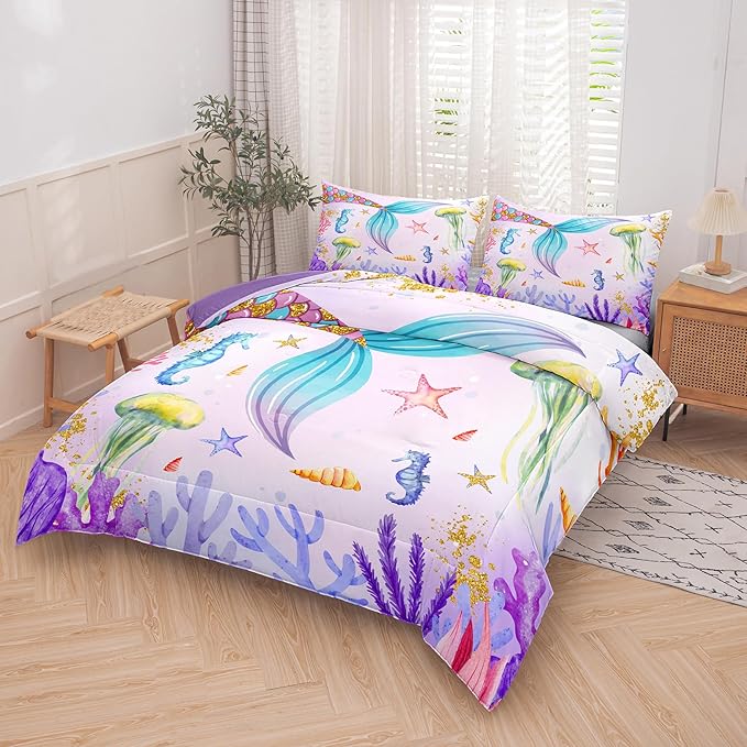 NINENINE Girls Mermaid Bedding Set,Mermaid Tail Comforter Set,Twin Size Bedding Sets for Girls,Princess Toddler Bedding Sets for Girls with 1 Comforter 1 Pillowcase…