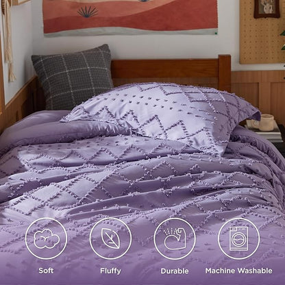 Bedsure Twin/Twin XL Comforter Set - Grayish Purple Boho Twin Extra Long Comforter Set for College, Shabby Chic Dorm Bedding Set, 2 Pieces Modern Farmhouse Bed Set, includes 1 Pillow Sham