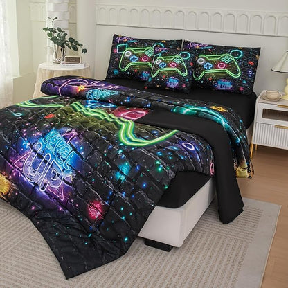 NINENINE 6PCS Gamer Bedding Sets for boys,Twin Comforter Sets for Boys, Gaming Bedding Sets for boys gamer Bedding Comforter Sheet Set(1Comforter,1Flat Sheet,1Fitted Sheet,1Cushion Cover,2Pillowcases