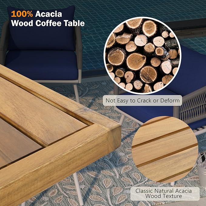 4-Piece Outdoor Patio Furniture Boho Rope Weave Set, Conversation Loveseat Sofa&Chairs with Acacia Wood Table and Thick Cushions, for Garden Backyard Balcony, Onesize, Navy Blue