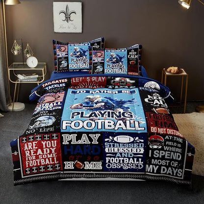 American Football Bedding Twin for Teen Boys, Kids Sports Comforter Set Bed in A Bag, Blue Children Bed Set with Sheets Twin Size