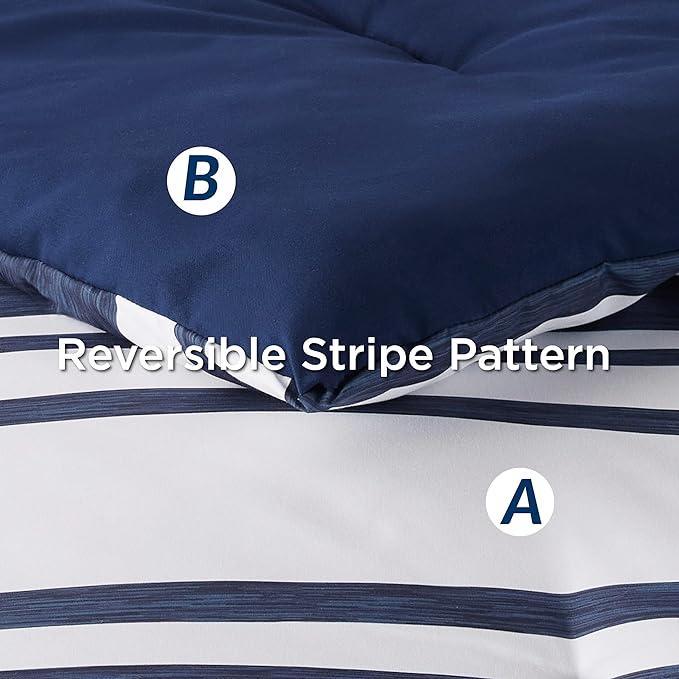 Bedsure Bed in a Bag Full Size 7 Pieces, Navy White Striped Bedding Comforter Sets All Season Bed Set, 2 Pillow Shams, Flat Sheet, Fitted Sheet and 2 Pillowcases