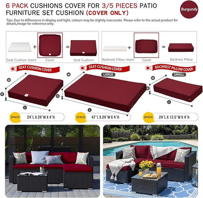 ClawsCover 6Pack Outdoor Seat and Back Cushions Replacement Covers Fit for 3 Pieces 3-Seater Wicker Rattan Patio Furniture Conversation Set Sectional Couch Chair,Burgundy-Include Cover Only