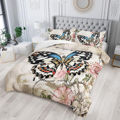 Butterfly Comforter Set for Girls Kids Adults Butterfly Rose Bedding Set Aesthetics Butterflies Quilt Duvet Set Full Size with 1 Comforter and 2 Pillowcases