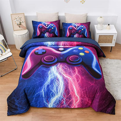 Meeting Story Gamer Gaming Bedding Sets Red Blue Lightnings Gamepad Comforter Set for Boys Games Console Action Buttons Novelty Colorful Modern Room Decor Home Quilt Set (Blue-Purple, Twin 5Pcs)