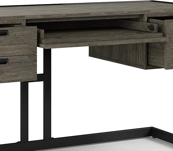 SIMPLIHOME Hampden SOLID ACACIA WOOD Modern Industrial 60 Inch Wide Desk in Weathered Grey, For the Office Desk, Writing Table, Workstation and Study Table