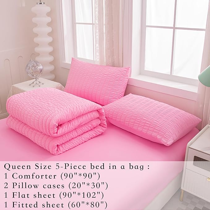 Pink Comforter Sets Queen Size, Pink Bedding Sets,Bed in a Bag Comforter 5 Pieces-Soft Lightweight Microfiber Bed Set for All Season…