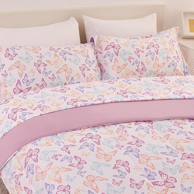 Butterfly Kids Comforter Set for Girls Full Size, Cute Reversible Quilted Lavender Printed Bedding Set with Pillow Sham, Lightweight Soft Breathable Machine Washable Bed Set 3 Piece