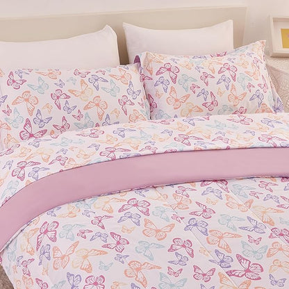 Butterfly Kids Comforter Set for Girls Twin, Cute Reversible Quilted Lavender Printed Bedding Set with Pillow Sham, Lightweight Soft Breathable Machine Washable Bed Set 2 Piece