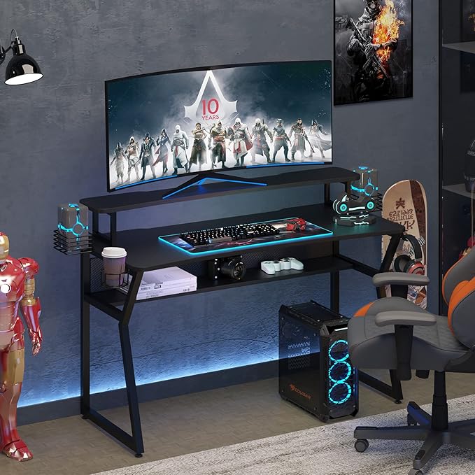 Gaming Desk, Computer Desk with Large Monitor Stand and Open Shelf,Gamer Table Workstation with Cup Holder, Headphone Hook, 2 Speaker Stand for Home Office (Black Carbon Fiber)