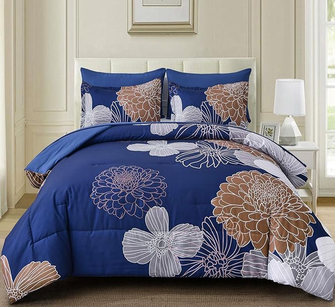 Yiran 7 Pieces Floral Comforter Bedding Sets Bed in a Bag Navy Brown Soft Microfiber Comforter Set with Comforter, Sheets, Pillowcases & Shams King Size 103"×90"