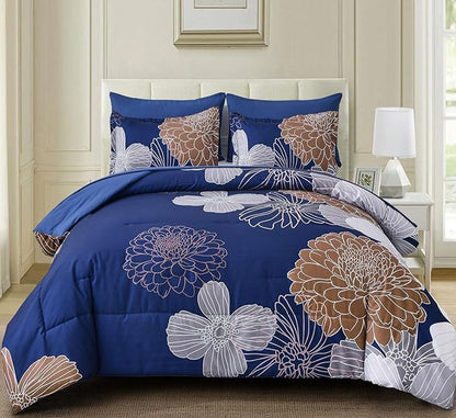 Yiran 7 Pieces Floral Comforter Bedding Sets Bed in a Bag Navy Brown Soft Microfiber Comforter Set with Comforter, Sheets, Pillowcases & Shams King Size 103"×90"