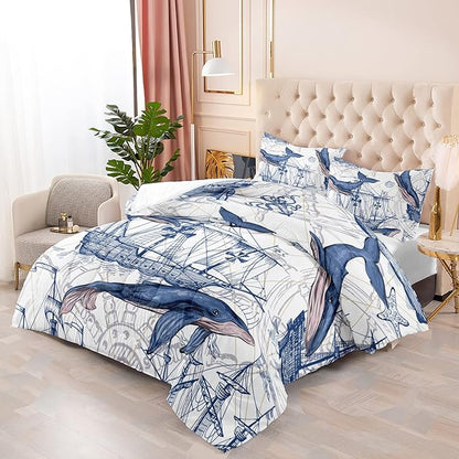 CVHOUSE Whale Comforter Set Full Size,Ocean Theme Bedding Set for Kids,Whale Nautical Sailing Quilt Set Ocean Duvet Set Ocean Decor 3 Pieces