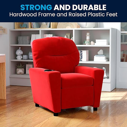 Flash Furniture Chandler Microfiber Kids Recliner with Cup Holder and Safety Recline, Contemporary Reclining Chair for Kids, Supports up to 90 lbs., Red