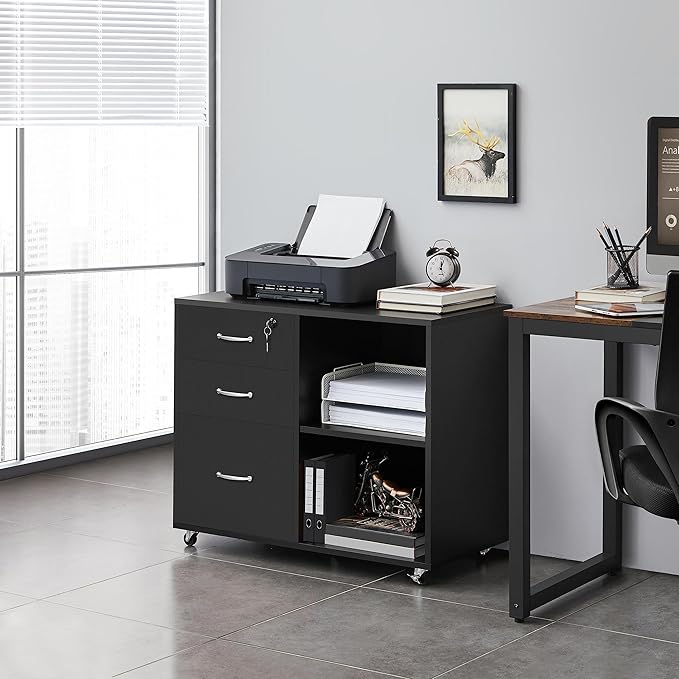 Yaheetech Black File Cabinet with Lock for Letter, A4 Size,3 Drawer Lateral Filing Cabinet Printer Stand with Open Storage Compartments,Mobile Filing Cabinet for Home Office, Black