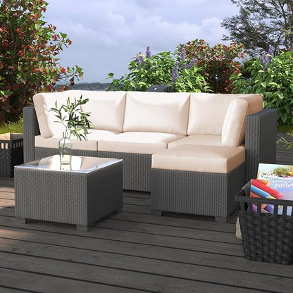 GAOMON 5-Piece Outdoor Patio Rattan Wicker Sofa Set, Pe Rattan Conversation Sectional with Thickened Back Cushion, Glass Tabletop, Ottoman - Ideal for Courtyard Space, Beige