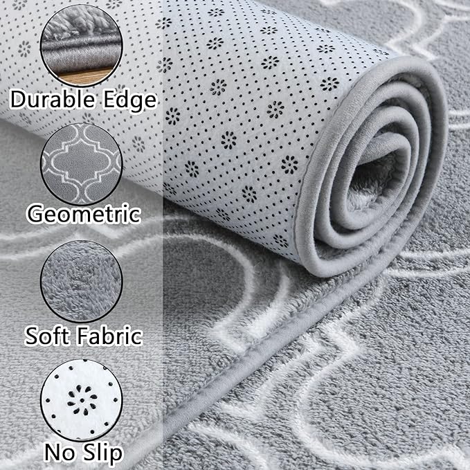 Chicrug Shag Geometric Modern Area Rug for Living Room, 7x10 Feet Large Memory Foam Indoor Carpet, Fluffy Rug for Bedroom Bedside Room Decor for Family Girls Kids Nursery, Grey/White