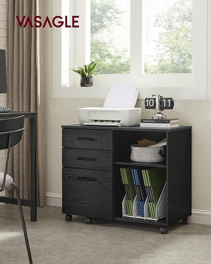 VASAGLE Lateral File Cabinet, Home Office Printer Stand, with 3 Drawers and Open Storage Shelves, for A4, Letter-Size Documents, Black with Wood Grain