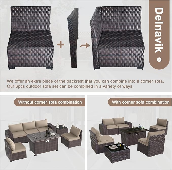 Patio Furniture Sectional Sofa Set 7-Pieces PE Rattan Patio Conversation Set w/43in Gas Fire Pit Table, Outdoor Furniture with 55000 BTU Propane Fire Pit, Sand