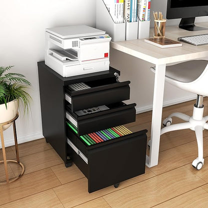 3 Drawer Mobile File Cabinet with Lock, Under Desk Metal Filing Cabinet, Fully Assembled Rolling File Cabinet with Wheels for Home Office Letters/Legal/A4 (Black)