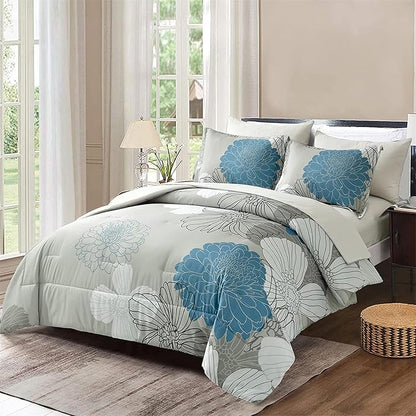 Yiran 7 Pieces Bed in a Bag King Comforter Set Blue Floral Comforter Sets Soft Microfiber Flowers Bedding Set (1 Comforter 1 Flat Sheet 1 Fitted Sheet 2 Pillowshams 2 Pillowcases)