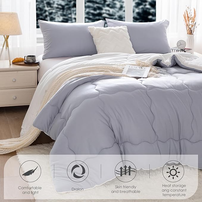 COTTEBED Grey White Warm Reversible Comforter Sets King Size Bed, Winter Milk Cup Super Soft Breathable Fluffy 1 Bedding Down Alternative Comrter & 2 Pillowcase California Cal/King