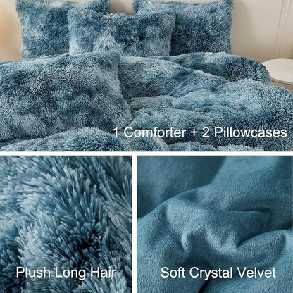 WINLIFE Shaggy Bedding Comforter Set Full Blue Faux Fur Flannel Furry Comforter Plush Comforter Sets Gradient Ombre Tie Dye Bedding for Teens Adults (3Pcs, Full, Smoke Blue)