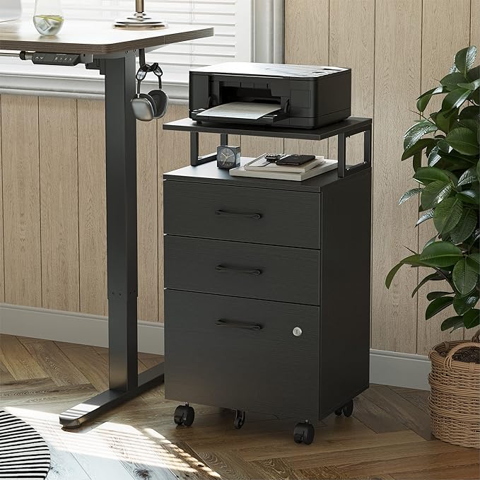 FEZIBO File Cabinet with Lock for Home Office, 3-Drawer Rolling Filing Cabinet, Home Office File Cabinet for A4/Letter/Legal Size, Printer Stand, Wooden Storage Cabinet, Black