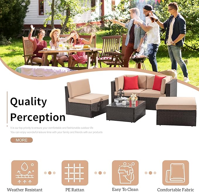 Shintenchi 5 Pieces Patio Furniture Sets Outdoor All-Weather Sectional Patio Sofa Set PE Rattan Manual Weaving Wicker Patio Conversation Set with Glass Table&Ottoman Cushion and Red Pillows