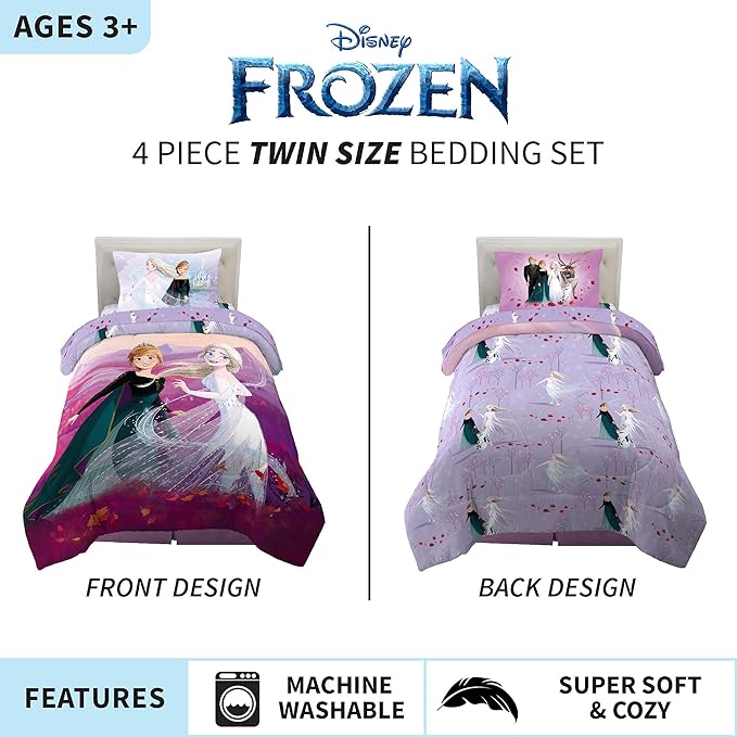 Disney Frozen 2 Kids Bedding Super Soft Comforter And Sheet Set, 4 Piece Twin Size, "Official" Disney Product By Franco
