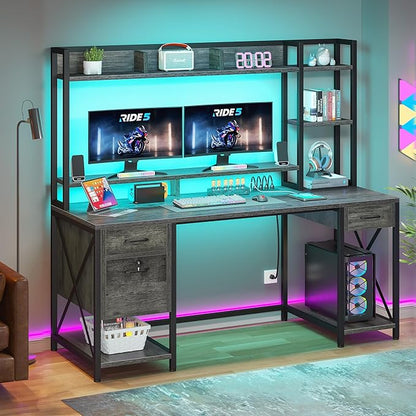 YITAHOME Computer Desk with Drawers & Hutch, 59.1" Office Desk with LED Lights & Power Outlets, Gaming Desk with Monitor Stand & Storage Shelves, Grey