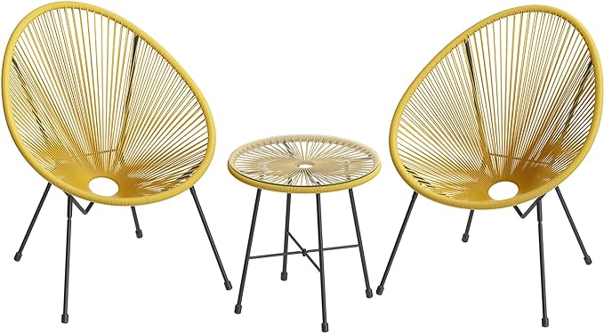 SONGMICS 3-Piece Outdoor Seating Acapulco Chair, Modern Patio Furniture Set, Glass Top Table and 2 Chairs, Indoor and Outdoor Conversation Bistro Set, Yellow UGGF011Y01
