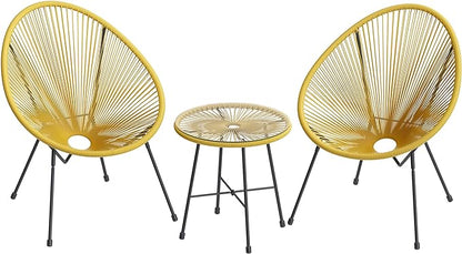 SONGMICS 3-Piece Outdoor Seating Acapulco Chair, Modern Patio Furniture Set, Glass Top Table and 2 Chairs, Indoor and Outdoor Conversation Bistro Set, Yellow UGGF011Y01