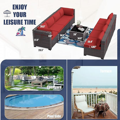 Outdoor Furniture Set 7PCS Patio Furniture for Backyard Wicker Sectional Sofa Set 6 Seats, PE Rattan Outdoor Conversation Set with Thickened Cushions and Glass Coffee Table, Red