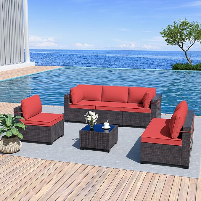 Outdoor Furniture Set 7PCS Patio Furniture for Backyard Wicker Sectional Sofa Set 6 Seats, PE Rattan Outdoor Conversation Set with Thickened Cushions and Glass Coffee Table, Red