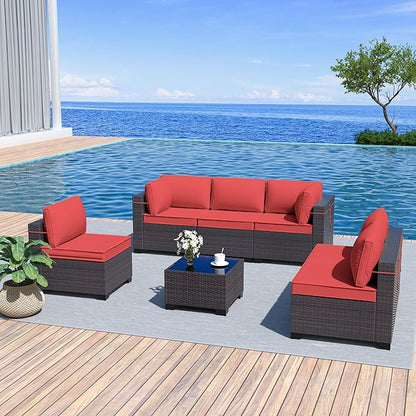 Outdoor Furniture Set 7PCS Patio Furniture for Backyard Wicker Sectional Sofa Set 6 Seats, PE Rattan Outdoor Conversation Set with Thickened Cushions and Glass Coffee Table, Red