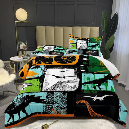Bodhi Queen Size Teen Comforter Set,Boys Comforter Bedding Set with Pillowcases,Teen Kids Queen Size Dinosaur Comforter Set,Cartoon Dinosaur Bedding Set,Boy Bed Set