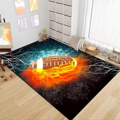 Football Rug Football Decor for Boys Bedroom Football Rug Water and Fire Cool Room Decoration Soccer Rug for Boys Room Football Printed Rug for Kids Room Playmat Rugs for Kids Room Living Room,4'×5'