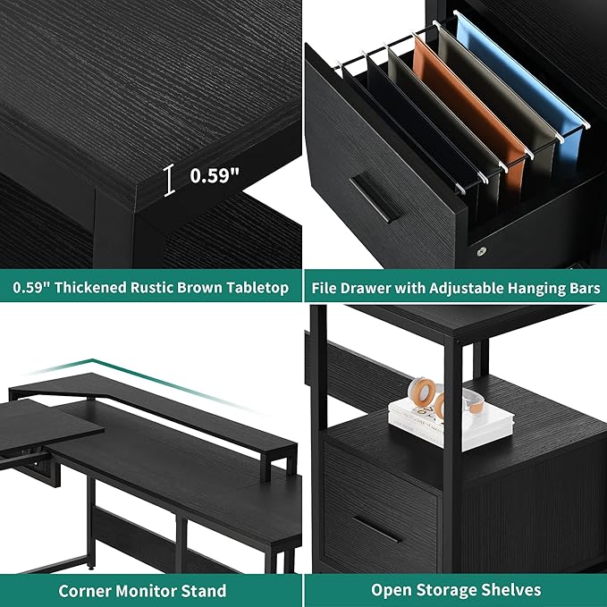 YITAHOME L Shaped Desk with File Drawer, 65" Large Computer Desk Corner Desk with Lift Top, Standing Desk Height Adjustable with Monitor Stand & Storage Shelves for Home Office, Black