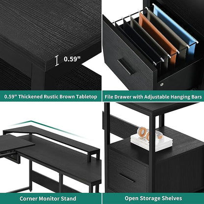 YITAHOME L Shaped Desk with File Drawer, 65" Large Computer Desk Corner Desk with Lift Top, Standing Desk Height Adjustable with Monitor Stand & Storage Shelves for Home Office, Black