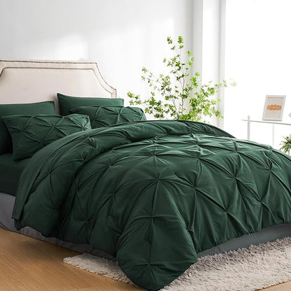 Ubauba 7pc King Size Comforter Set with Sheets Dark Green, Emerald 7 Pieces Pinch Pleat Bed in a Bag, All Season Hunter Green Beddings Set with Comforters (Green,King)