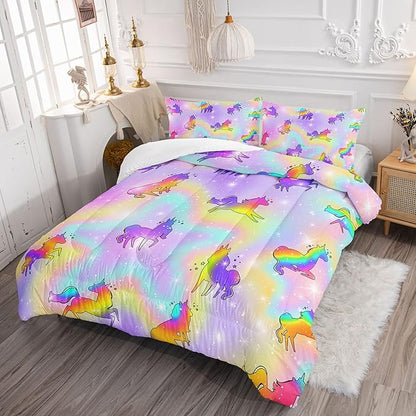 Datura home Unicorn Rainbow Comforter Bedding Set for Girls Kids Children Teens,Sky Glitter Star Colorful Bedding Set with 1 Comforter and 2 Pillowcases(Unicorn3 Full)