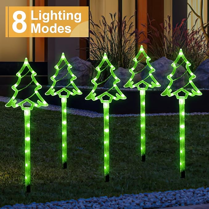 Solar Christmas Garden Lights Outdoor Decorations, 8 Modes Xmas Tree Candy Lights Waterproof Led Garden Stake Lights for Walkway Yard Lawn Porch Holiday Decor 5-Pack