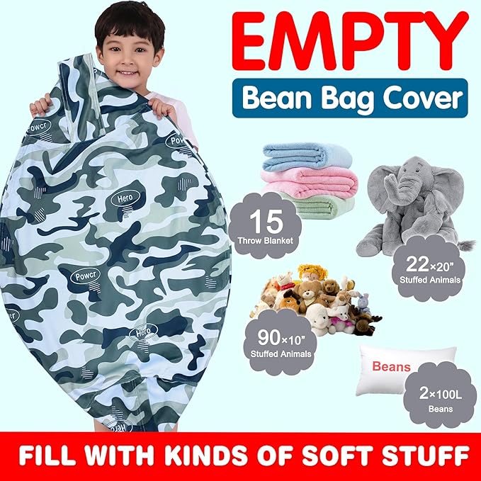 Lukeight Stuffed Animal Storage Bean Bag Chair Cover for Kids, Zipper Beanbag Chair Cover for Organizing Toddler & Kids' Rooms Plush Toys (Camo Velvet, X-Large)