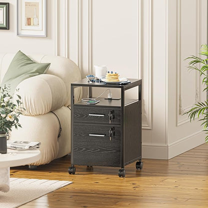 SUPERJARE File Cabinet with Lock & Charging Station, 2 Drawers Rolling Filing Cabinet, Office File Cabinet with Wheels & Open Shelf, for Home Office, A4/Letter Size Files Under Desk - Black