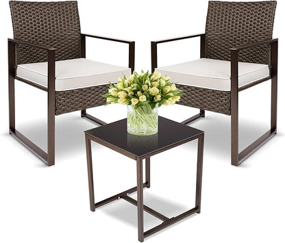 YIYAN Patio Furniture Set 3 Pieces Outdoor Rattan Chair Wicker Sofa Garden Conversation Bistro Sets with Coffee Table,Comfortable Washable Cushions (White)