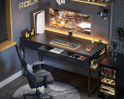ODK 55 Inch Computer Desk with 3 Cloth Drawers for Home Office, Vanity Desk with Storage and Hook for Bedroom, Work Desk, Study Writing Table, Black