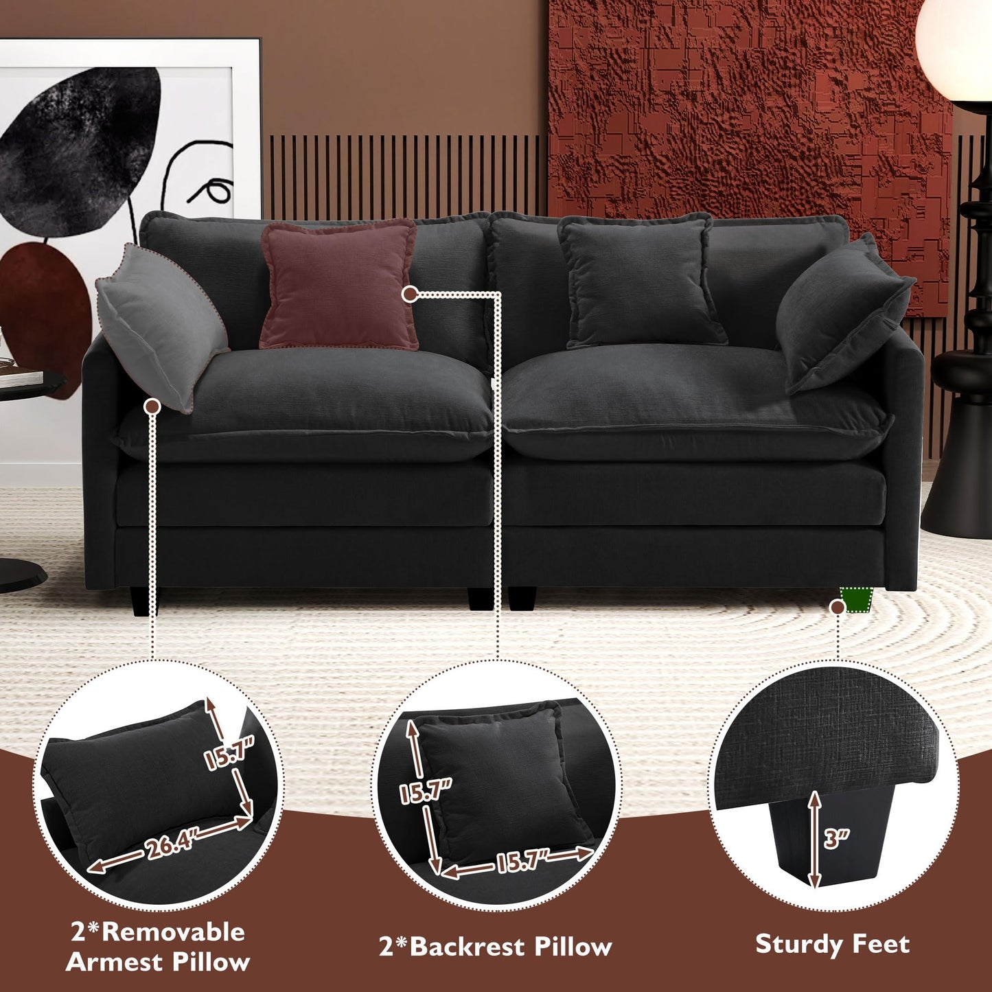 Ihanherry 111.4" L Shaped Modern Sofa Modular Sectional Cloud Couch with Ottoman, 4-Seat Chenille Deep Seat Sofa with Pillow for Living Room, Bedroom and Apartment, Beige