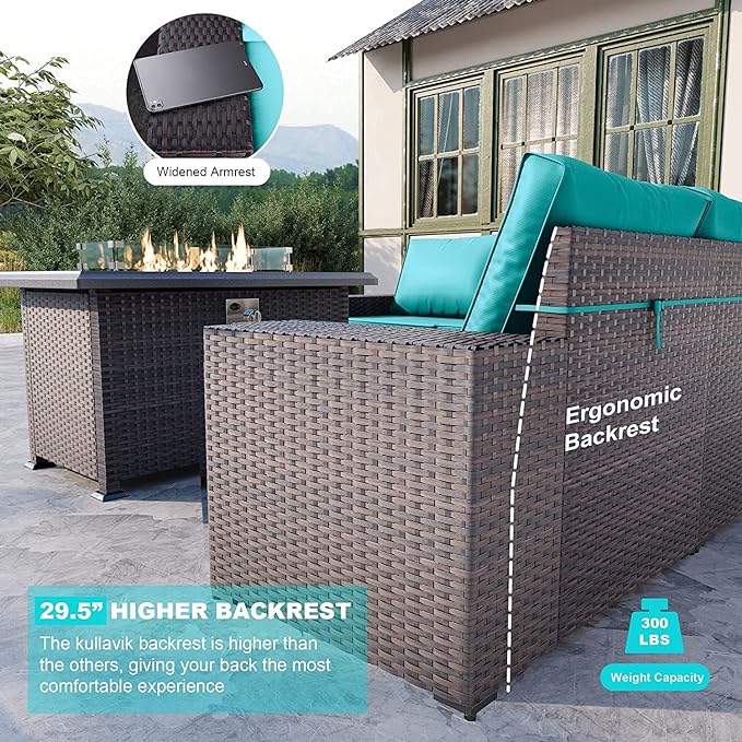 Kullavik 13 Pieces Outdoor Patio Furniture Set with 43" 55000BTU Gas Propane Fire Pit Table PE Wicker Rattan Sectional Sofa Patio Conversation Sets,Blue