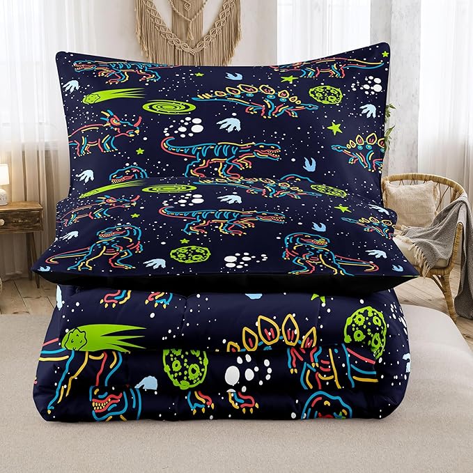 NINENINE Dinosaur Bedding Sets for Boys Kids,Dark Blue Retro Dinosaur Comforter Set,Queen Size Comforter Sets for Kids,with 1 Comforter 2 Pillowcases…